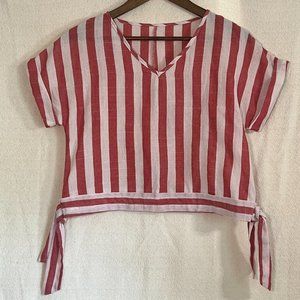 Candy Stripe Crop Top with Side Ties | Red & White Boxy Top with Dolman Sleeves